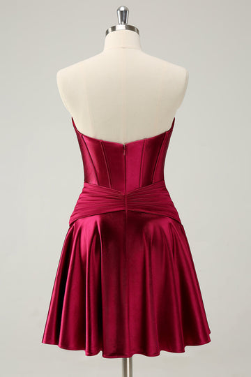 Burgundy A Line Sweetheart Strapless Keyhole Satin Cocktail Dress
